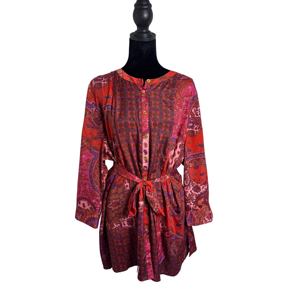 Isaac Mizrahi Live Tunic Dress Womens XL Red Pink Paisley Long Sleeve Excellent